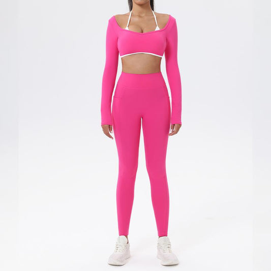 Workout Sets for Women 2 Piece Outfits Seamless High Waist Leggings Yoga Long Sleeve Crop Tops Athletic Gym Sets Elegante Sport Halter Bra for Gym Workout Sets for Women Free Gift: Athletic Shorts